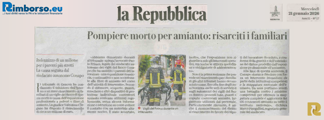 Articolo La Repubblica del 21 gennaio, risarcimento amianto pompiere